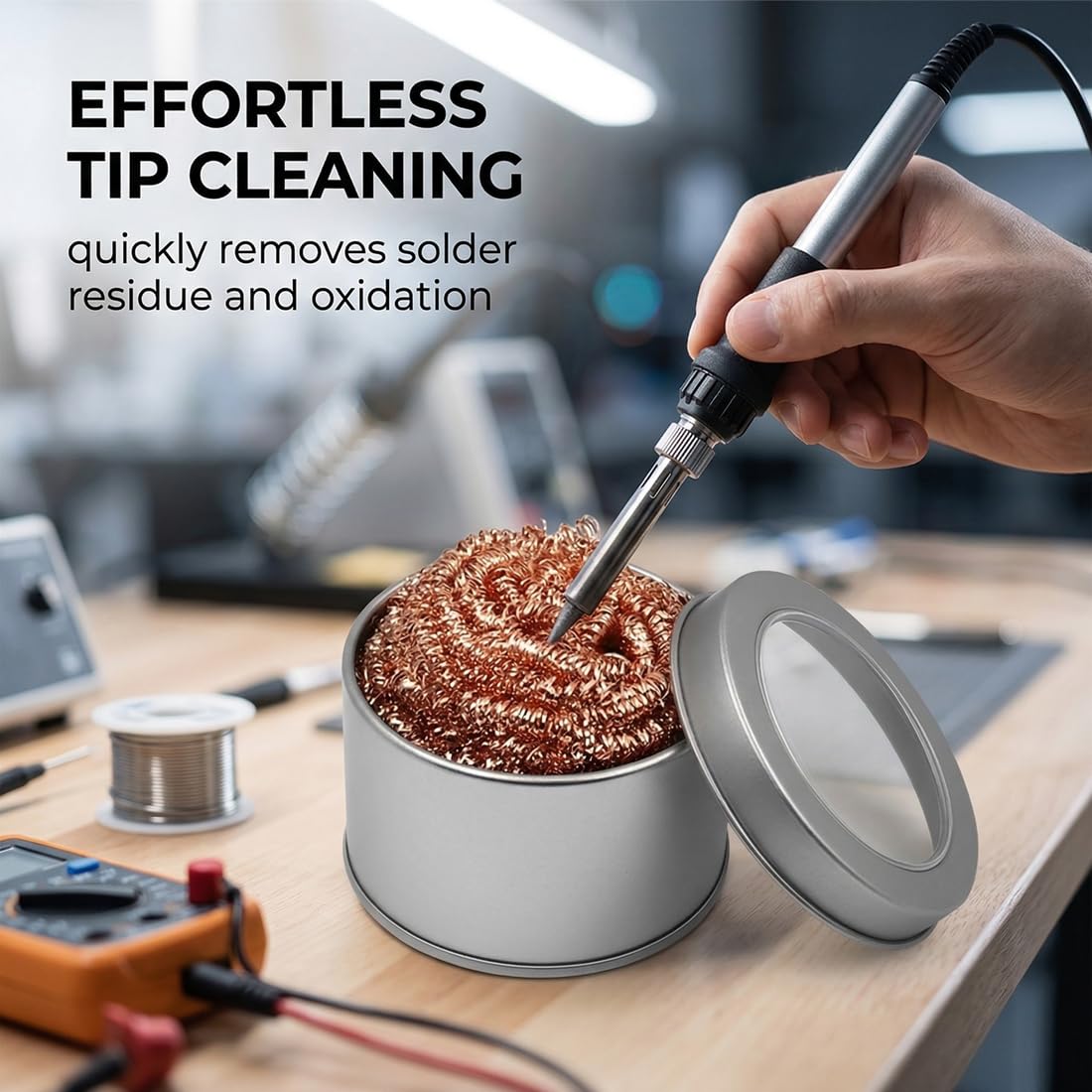 Diy Electronics Cleaner - เครื่องมือทำความสะอาดหัวแร้งบัดกรีสำหรับซ่อมอุปกรณ์อิเล็กทรอนิกส์ ลูกบอลทำความสะอาดเศษทองแดง ตะแกรงกรองตะกอน กล่องโลหะ สำหรับงาน DIY