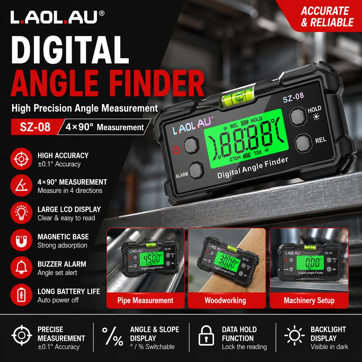 เครื่องวัดมุมดิจิตอลพร้อมระดับ - Diy Electronics Tools บทวิจารณ์และราคา